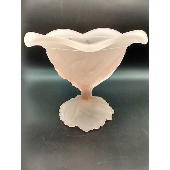 Vintage Imperial Lenox Pink Satin Frosted Glass Leaf Pedestal Candy Dish Marked - Picture 2 of 12
